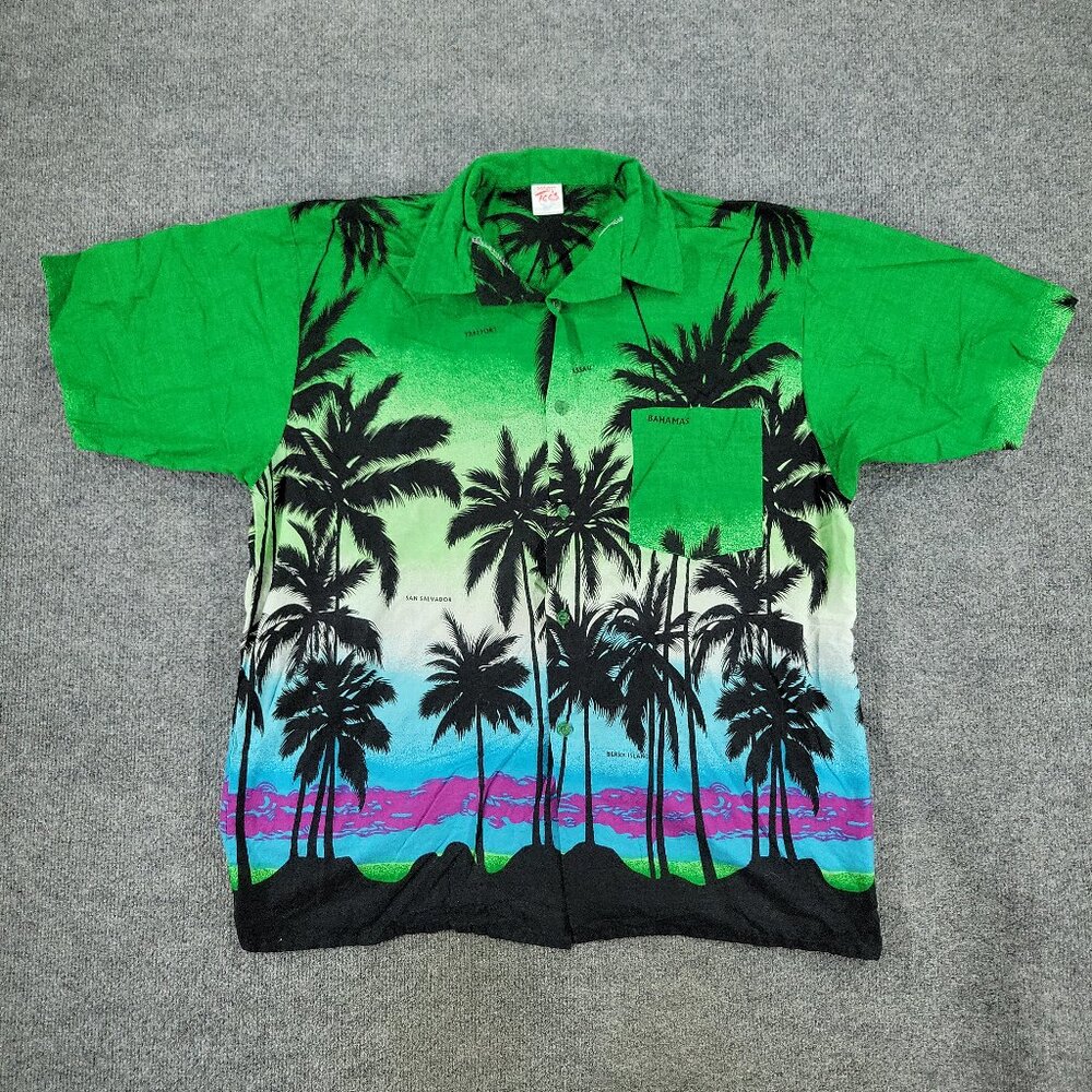 Dorsett Tee's Button Shirt Men 2XL Green Bahamas AOP Graphic Short Sleeve Pocket